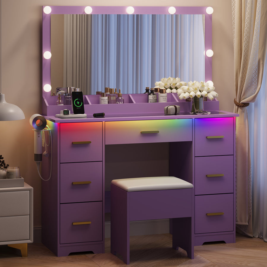 HLG023 purple vanity desk with lighted mirror, 7 drawers and stool
