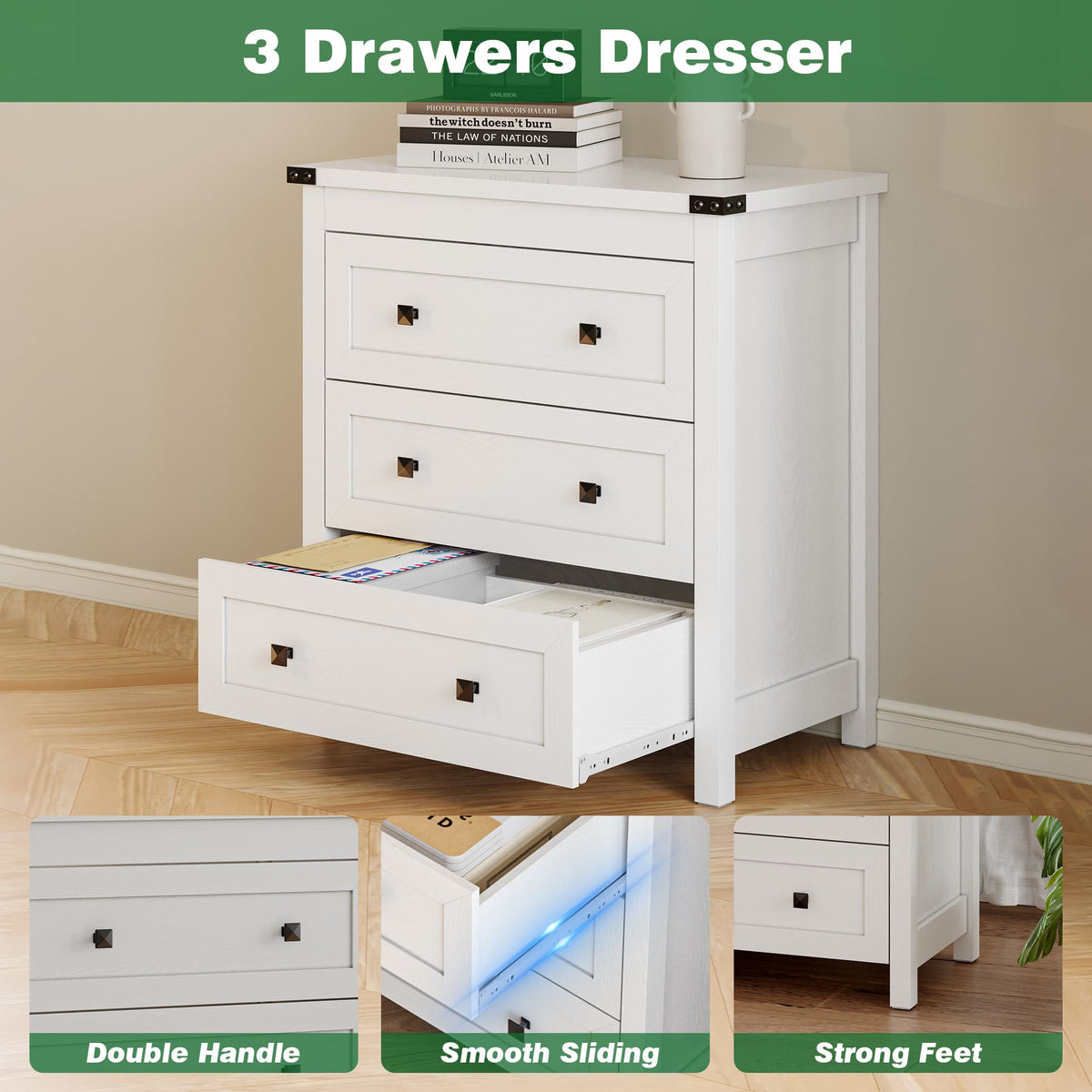 White 3 drawer dresser with double metal handles, smooth sliding rails and strong feet detail view