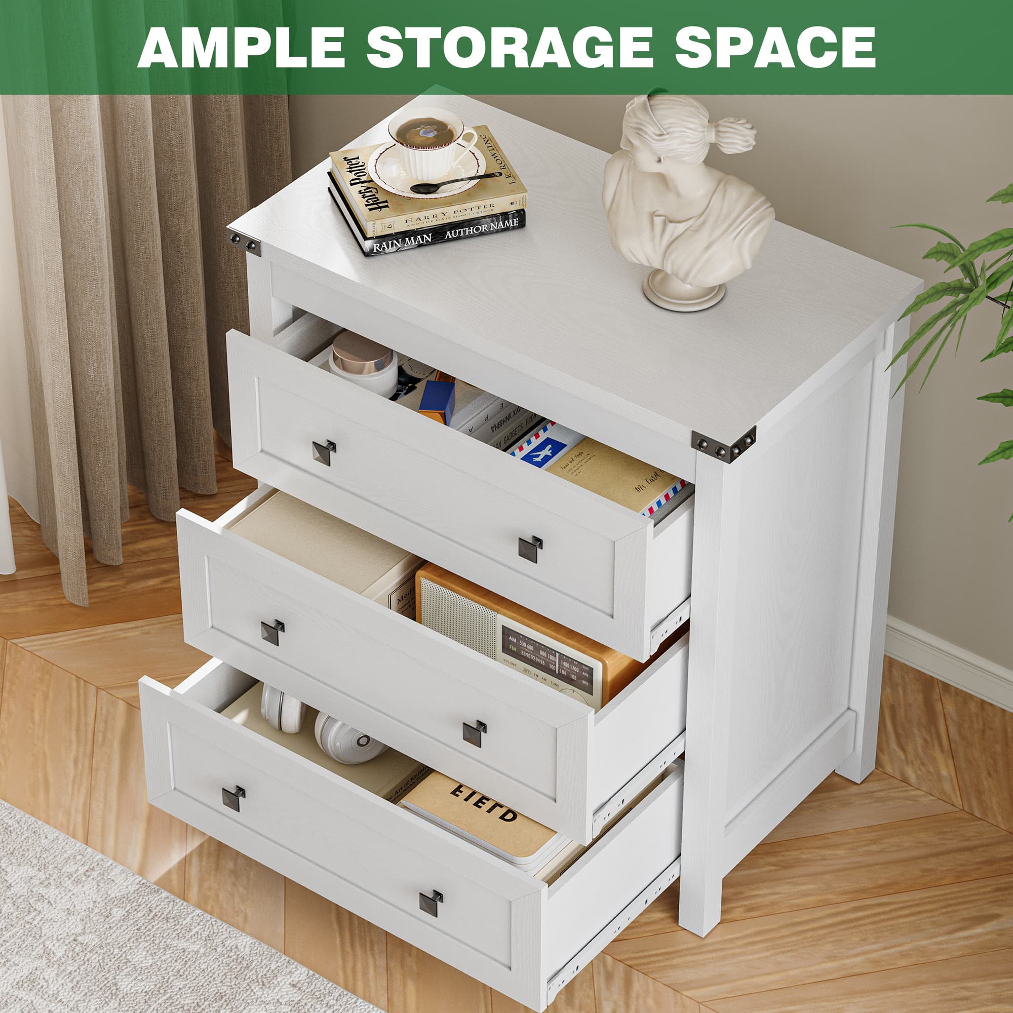 Top view of 3-drawer wood bedside table with open drawers showing ample storage space for books and essentials