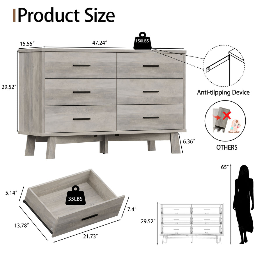 Anymaple Axton 6-Drawer Dresser Gray bedroom dresser, dimensions