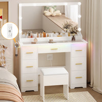 HLG023 44” Vanity Desk with 38" Large Mirror and 9 LED Lights & Glass Top and Power Outlet
