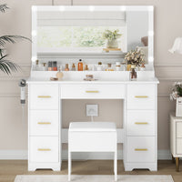 HLG023 44” Vanity Desk with 38" Large Mirror and 9 LED Lights & Glass Top and Power Outlet