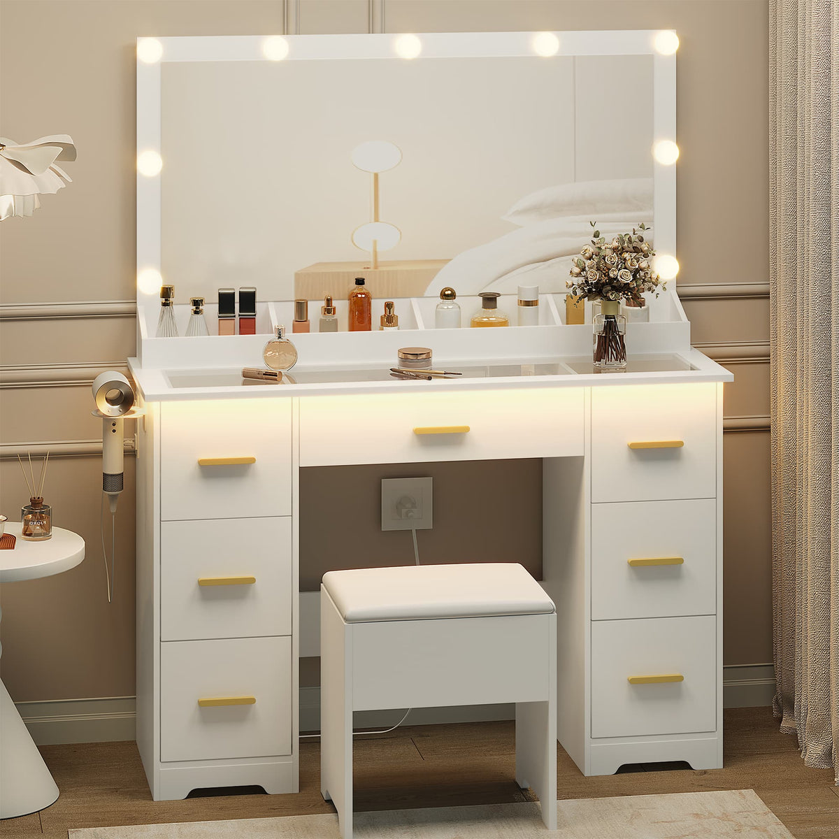 HLG023 44” Vanity Desk with 38" Large Mirror and 9 LED Lights & Glass Top and Power Outlet