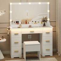 HLG023 44” Vanity Desk with 38" Large Mirror and 9 LED Lights & Glass Top and Power Outlet