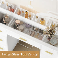 HLG023 44” Vanity Desk with 38" Large Mirror and 9 LED Lights & Glass Top and Power Outlet