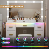 HLG023 44” Vanity Desk with 38" Large Mirror and 9 LED Lights & Glass Top and Power Outlet