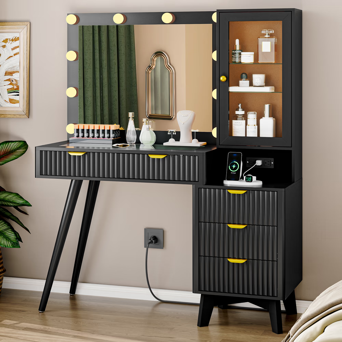 Black fluted makeup vanity desk with mirror and lights, RGB glass cabinet and charging station