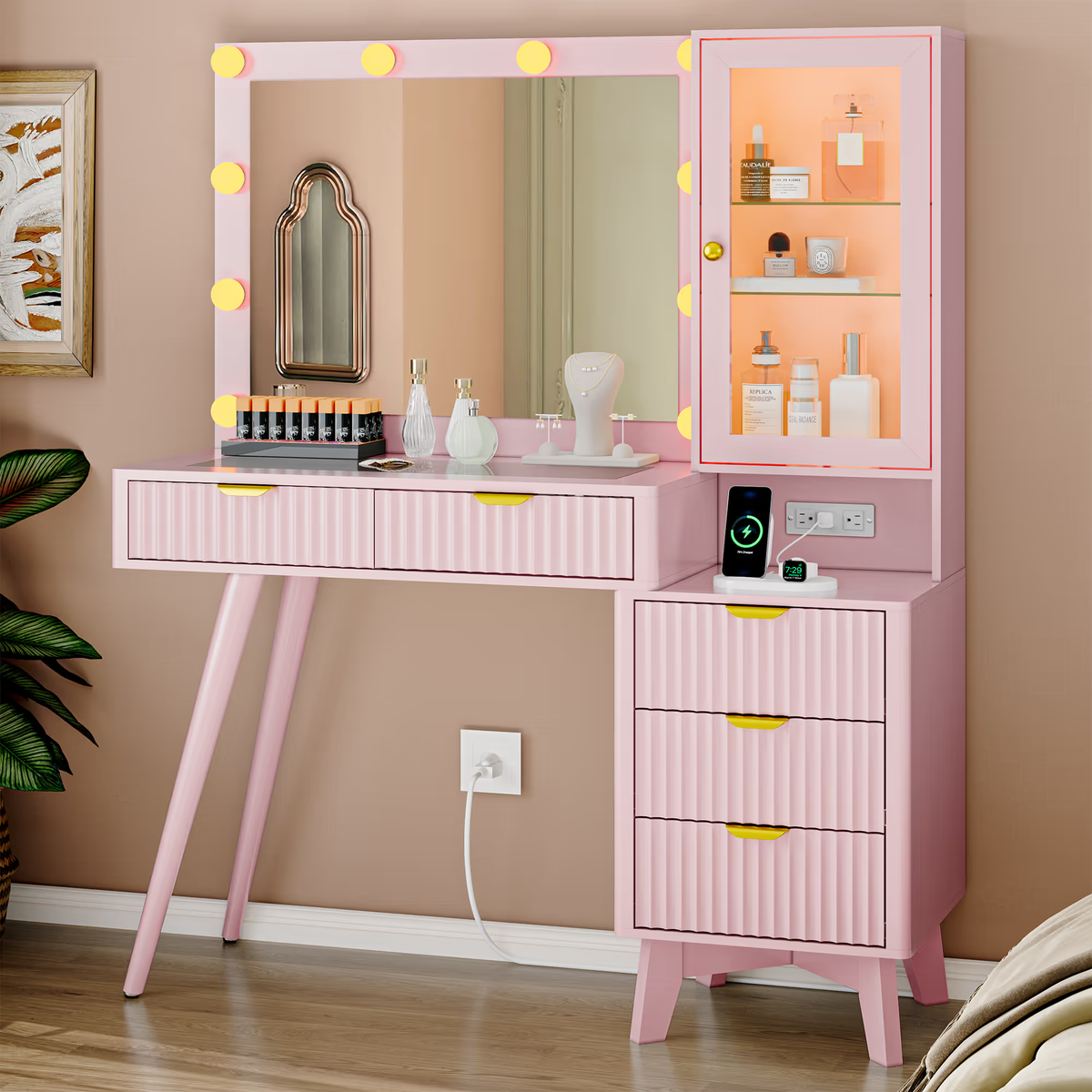 Pink fluted makeup vanity desk with mirror and lights, RGB glass cabinet and charging station