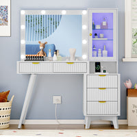 White makeup vanity with lights and mirror, fluted vanity desk with storage drawers and charging station