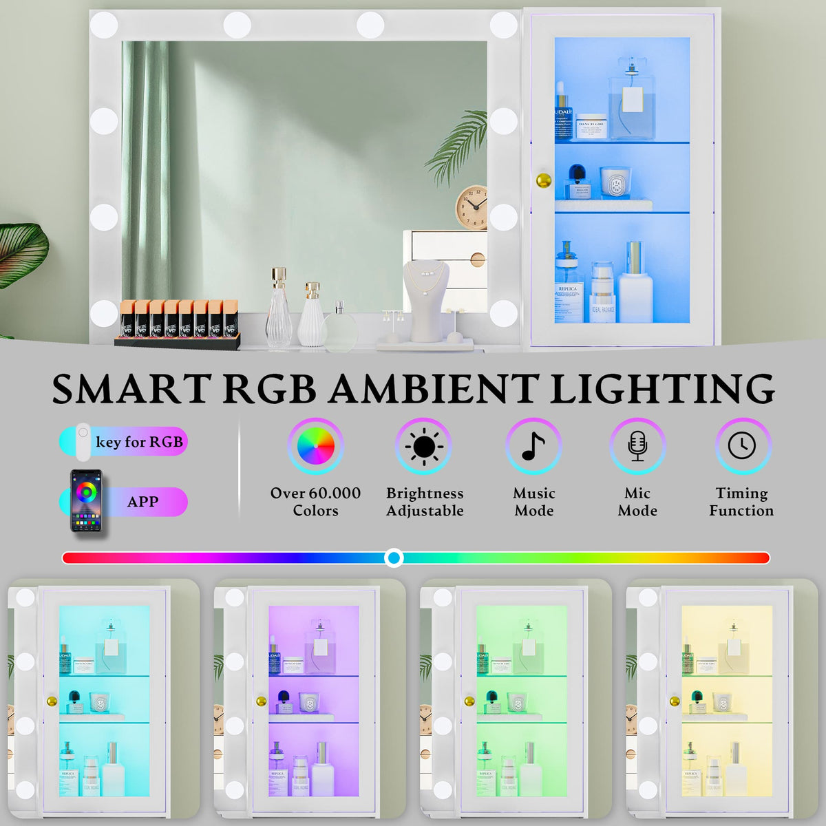 Makeup vanity with smart RGB ambient lighting, app controlled glass cabinet lights and LED vanity mirror