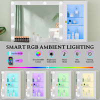 Makeup vanity with smart RGB ambient lighting, app controlled glass cabinet lights and LED vanity mirror