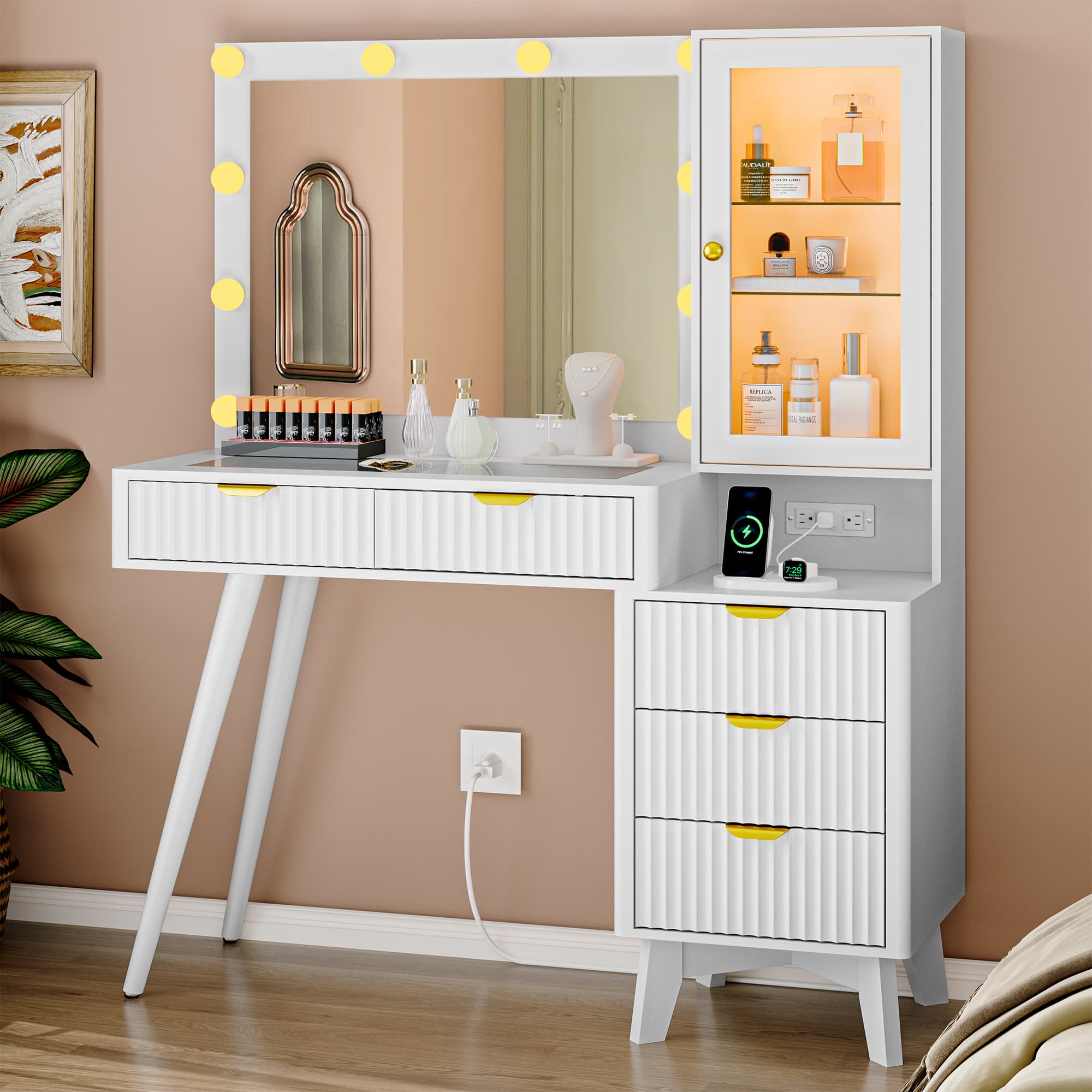 White vanity desk with mirror and lights, glass cabinet, fluted drawers and built-in power outlet