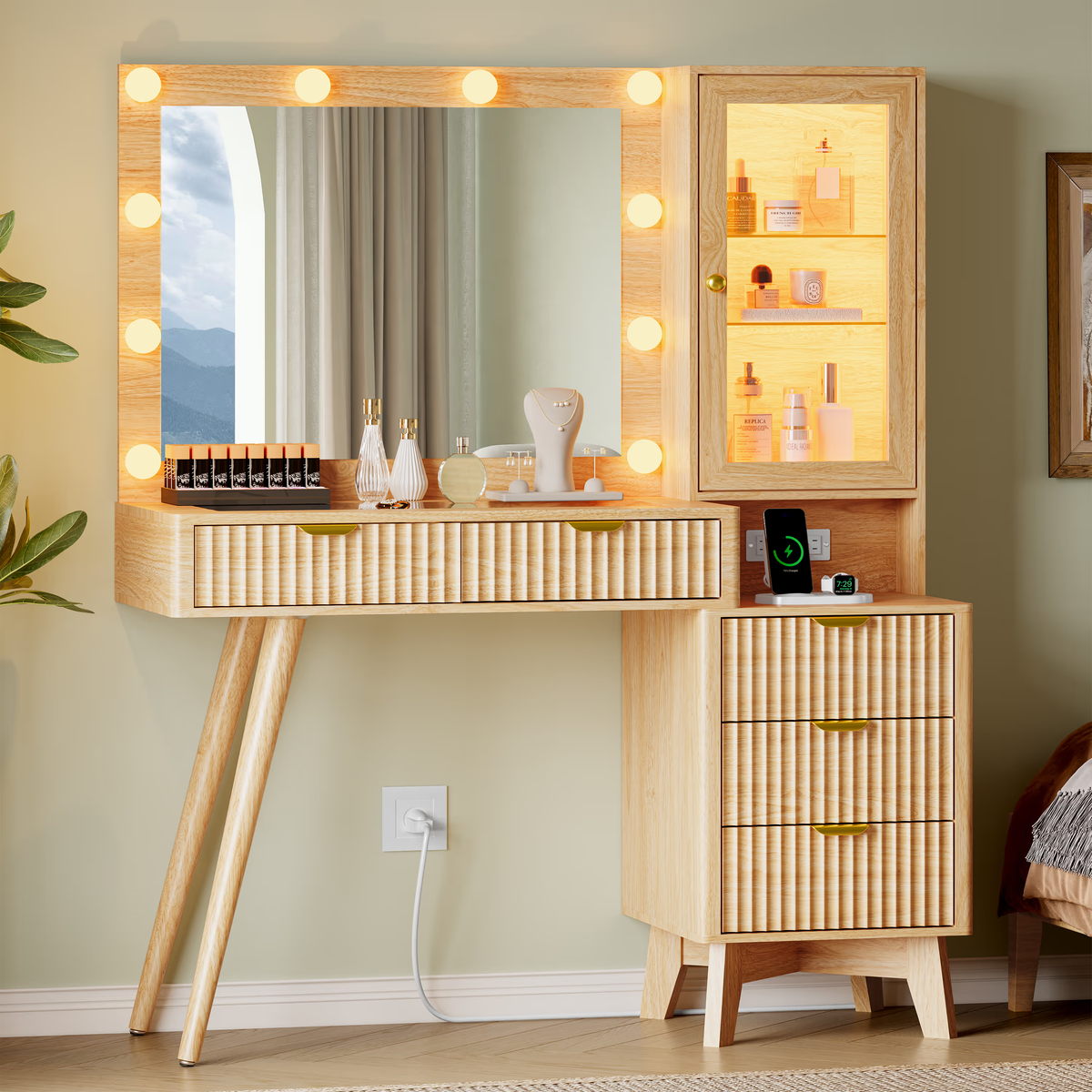Oak wood fluted makeup vanity desk with mirror and lights, RGB glass cabinet and charging station