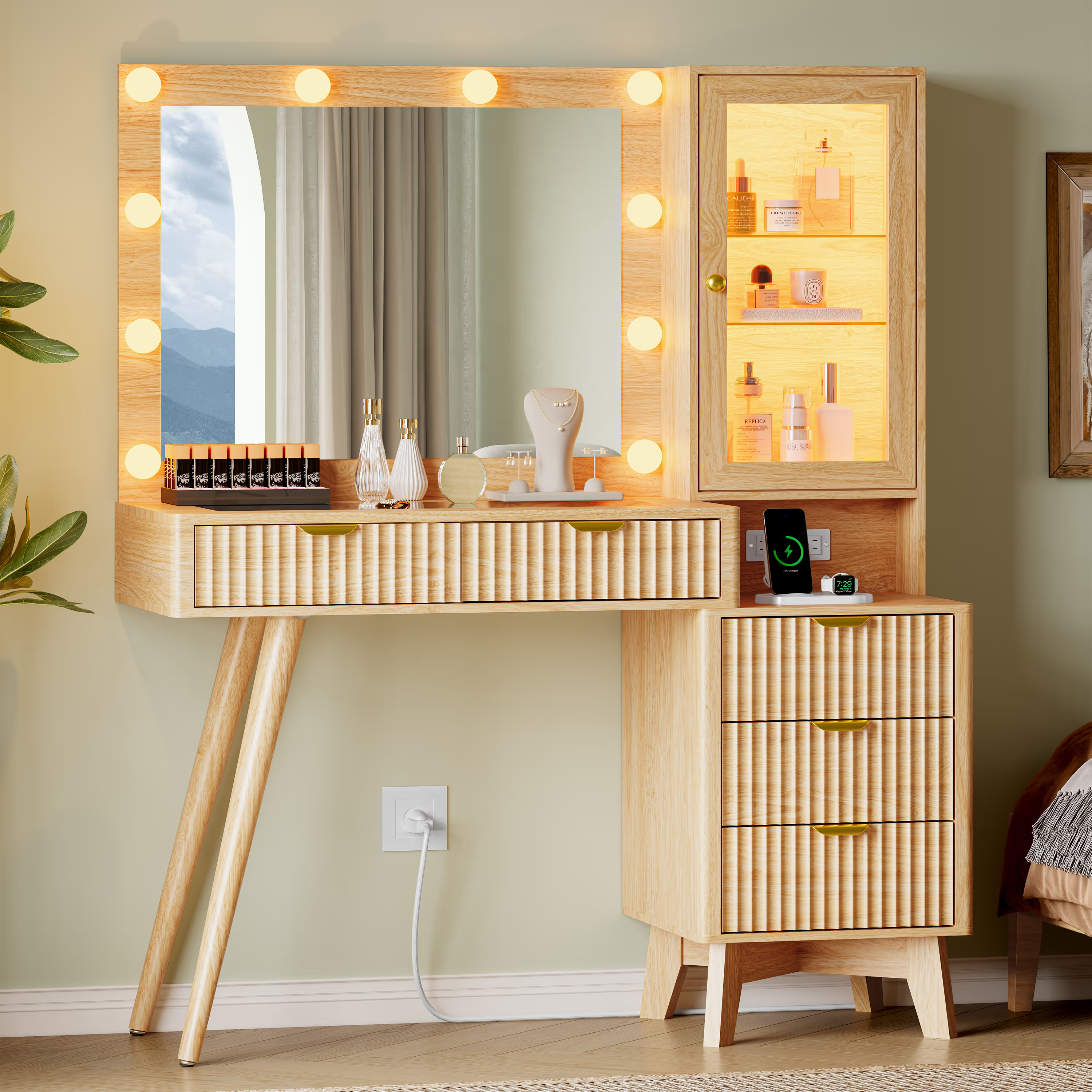Oak wood fluted makeup vanity desk with mirror and lights, RGB glass cabinet and charging station