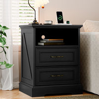 Anymaple Farmhouse Collection Black 2-Drawer Nightstand with Charging Station, 2-drawer bedside storage with open shelf, bedroom room view