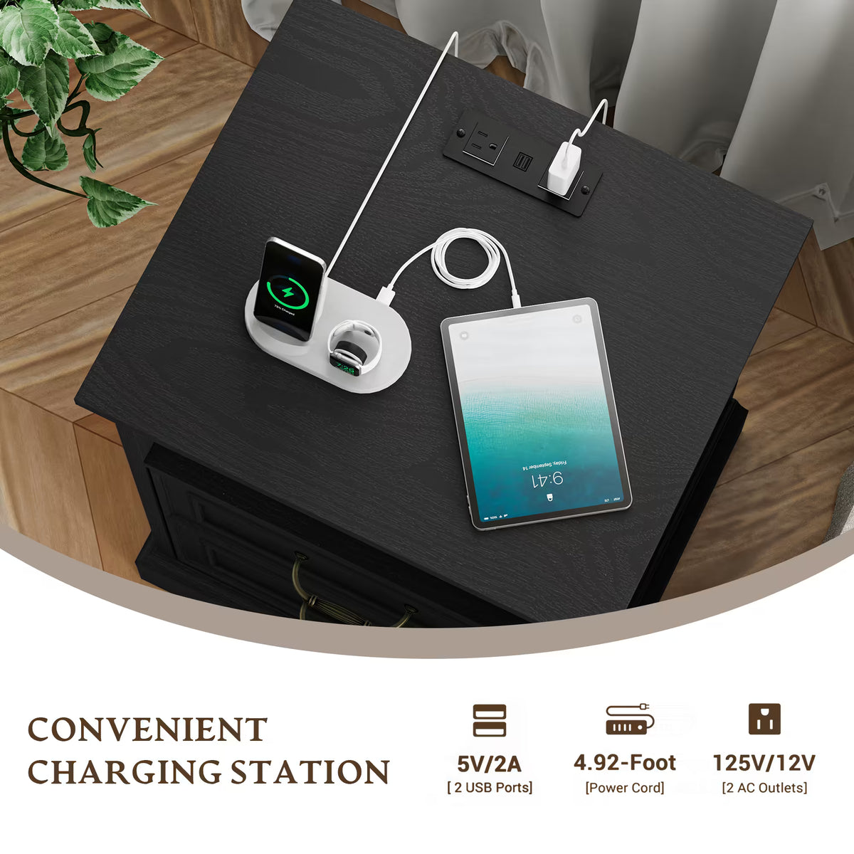 Anymaple Farmhouse Collection Black 2-Drawer Nightstand with Charging Station with built-in charging station, AC outlets and USB ports