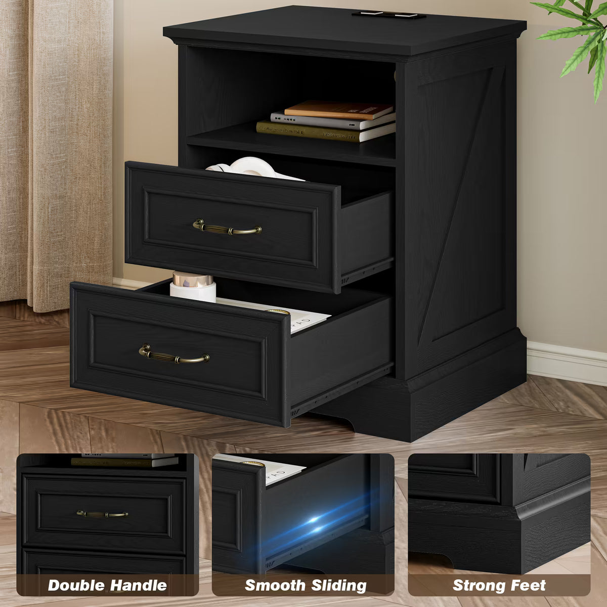Anymaple Farmhouse Collection Black 2-Drawer Nightstand with Charging Station, 2-drawer bedside storage with open shelf, drawer slide and construction detail