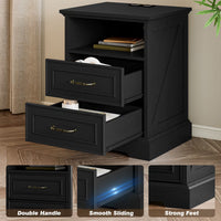 Anymaple Farmhouse Collection Black 2-Drawer Nightstand with Charging Station, 2-drawer bedside storage with open shelf, drawer slide and construction detail