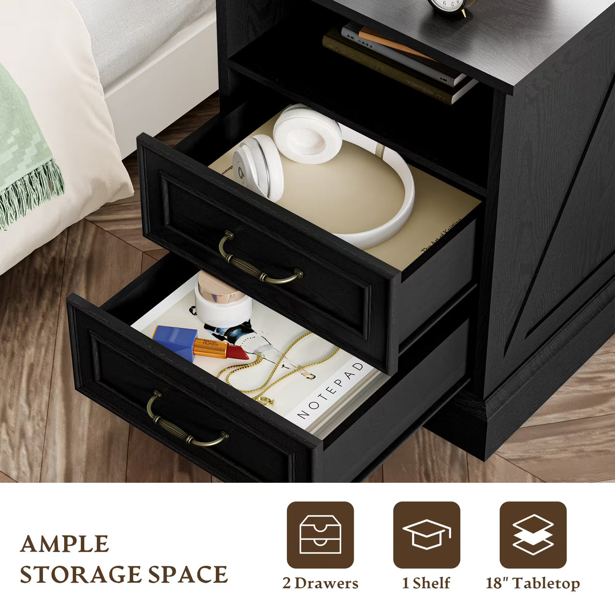 Anymaple Farmhouse Collection Black 2-Drawer Nightstand with Charging Station, 2-drawer bedside storage with open shelf, drawer storage detail