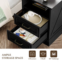 Anymaple Farmhouse Collection Black 2-Drawer Nightstand with Charging Station, 2-drawer bedside storage with open shelf, drawer storage detail