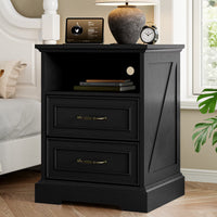 Anymaple Farmhouse Collection Black 2-Drawer Nightstand with Charging Station, 2-drawer bedside storage with open shelf, front bedside table view