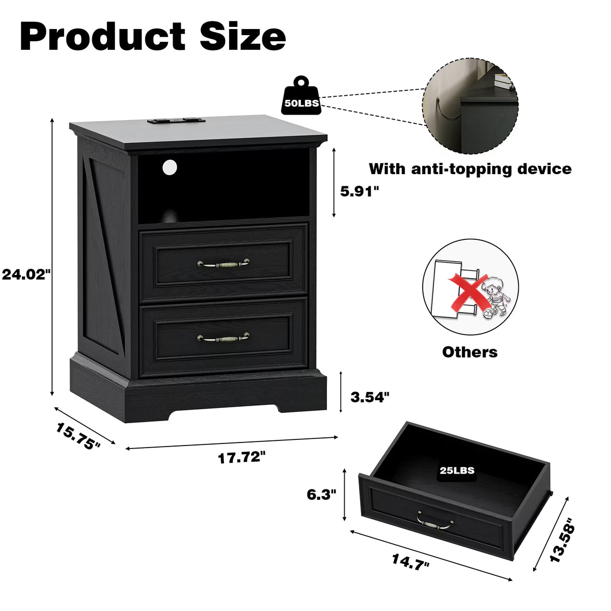 Anymaple Farmhouse Collection Black 2-Drawer Nightstand with Charging Station product size dimensions, 18"W x 16"D x 24"H