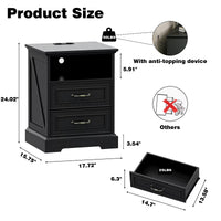Anymaple Farmhouse Collection Black 2-Drawer Nightstand with Charging Station product size dimensions, 18"W x 16"D x 24"H