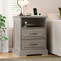 Anymaple Farmhouse Collection Gray Oak 2-Drawer Nightstand with Charging Station, 2-drawer bedside storage with open shelf, bedroom room view