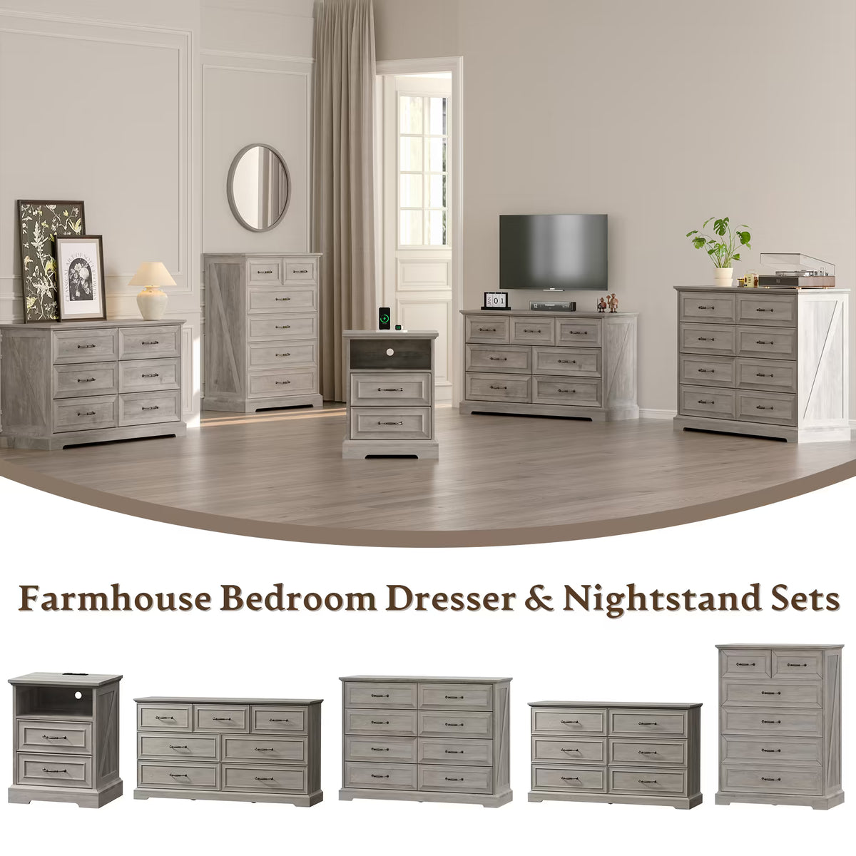 Anymaple Farmhouse Collection Gray Oak 2-Drawer Nightstand with Charging Station, 2-drawer bedside storage with open shelf, farmhouse bedroom set view