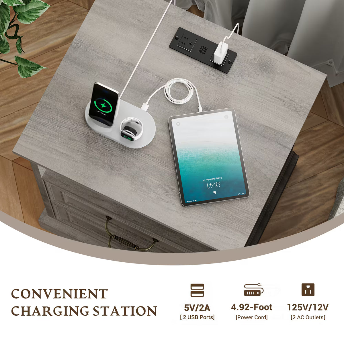 Anymaple Farmhouse Collection Gray Oak 2-Drawer Nightstand with Charging Station with built-in charging station, AC outlets and USB ports
