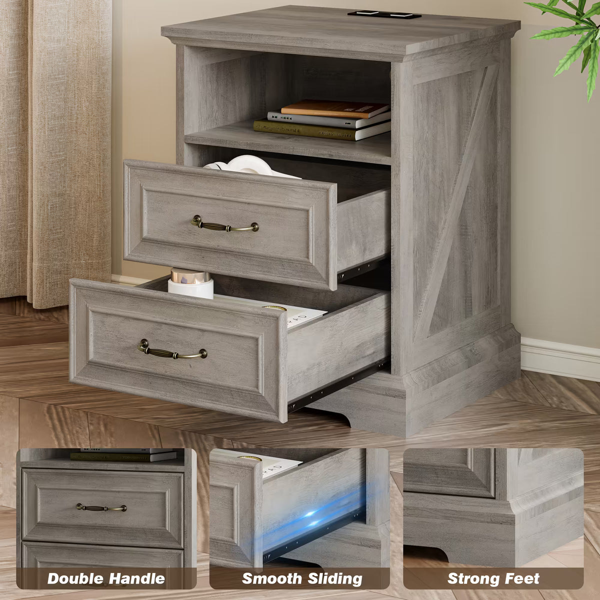 Anymaple Farmhouse Collection Gray Oak 2-Drawer Nightstand with Charging Station, 2-drawer bedside storage with open shelf, drawer slide and construction detail