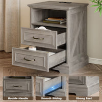 Anymaple Farmhouse Collection Gray Oak 2-Drawer Nightstand with Charging Station, 2-drawer bedside storage with open shelf, drawer slide and construction detail