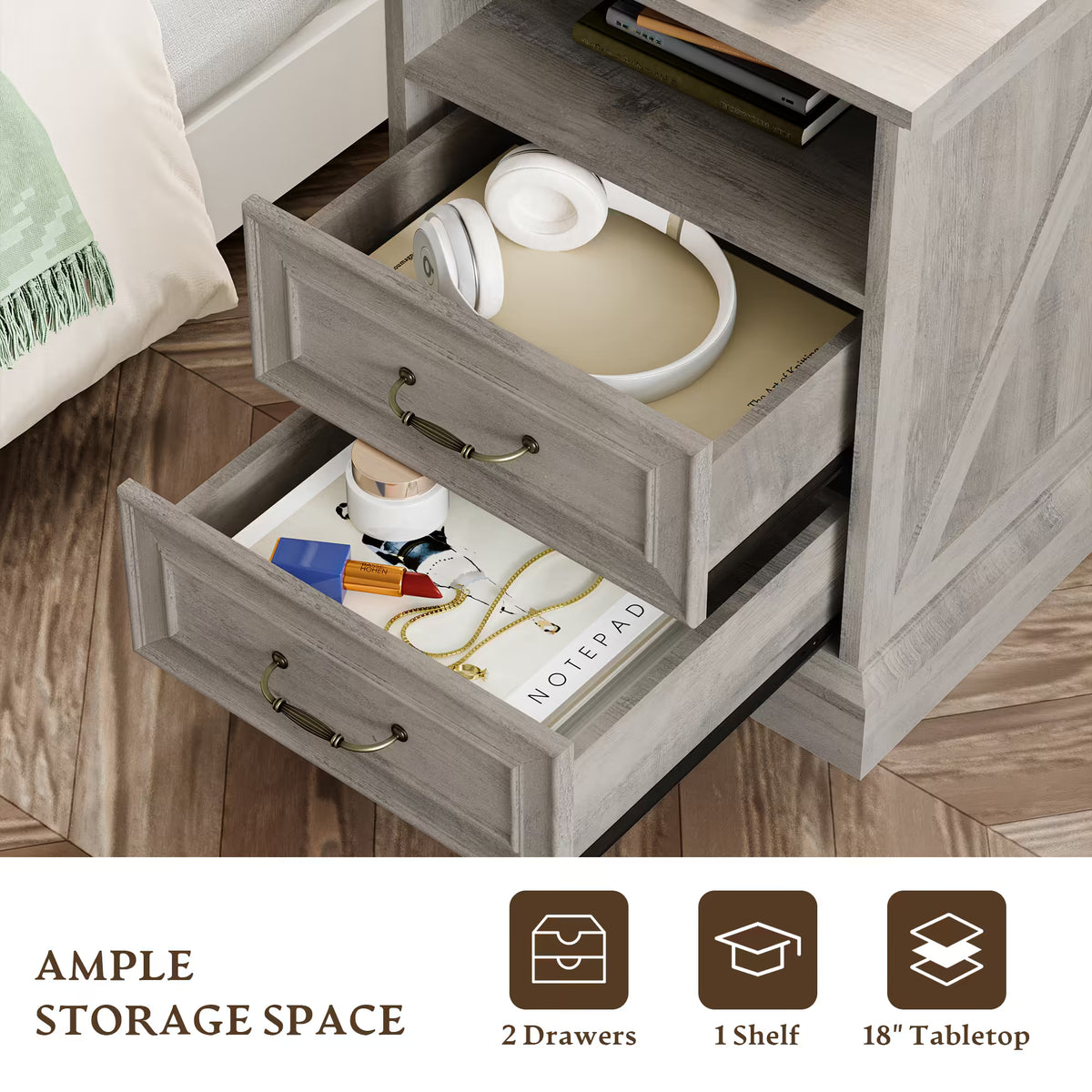 Anymaple Farmhouse Collection Gray Oak 2-Drawer Nightstand with Charging Station, 2-drawer bedside storage with open shelf, drawer storage detail