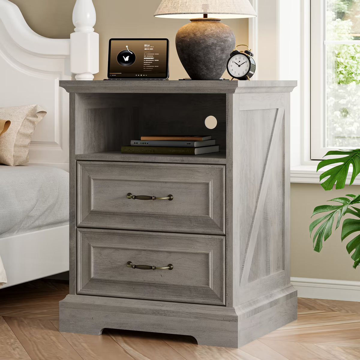 Anymaple Farmhouse Collection Gray Oak 2-Drawer Nightstand with Charging Station, 2-drawer bedside storage with open shelf, front bedside table view