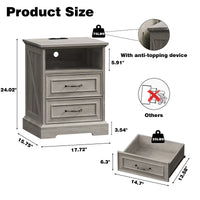 Anymaple Farmhouse Collection Gray Oak 2-Drawer Nightstand with Charging Station product size dimensions, 18"W x 16"D x 24"H