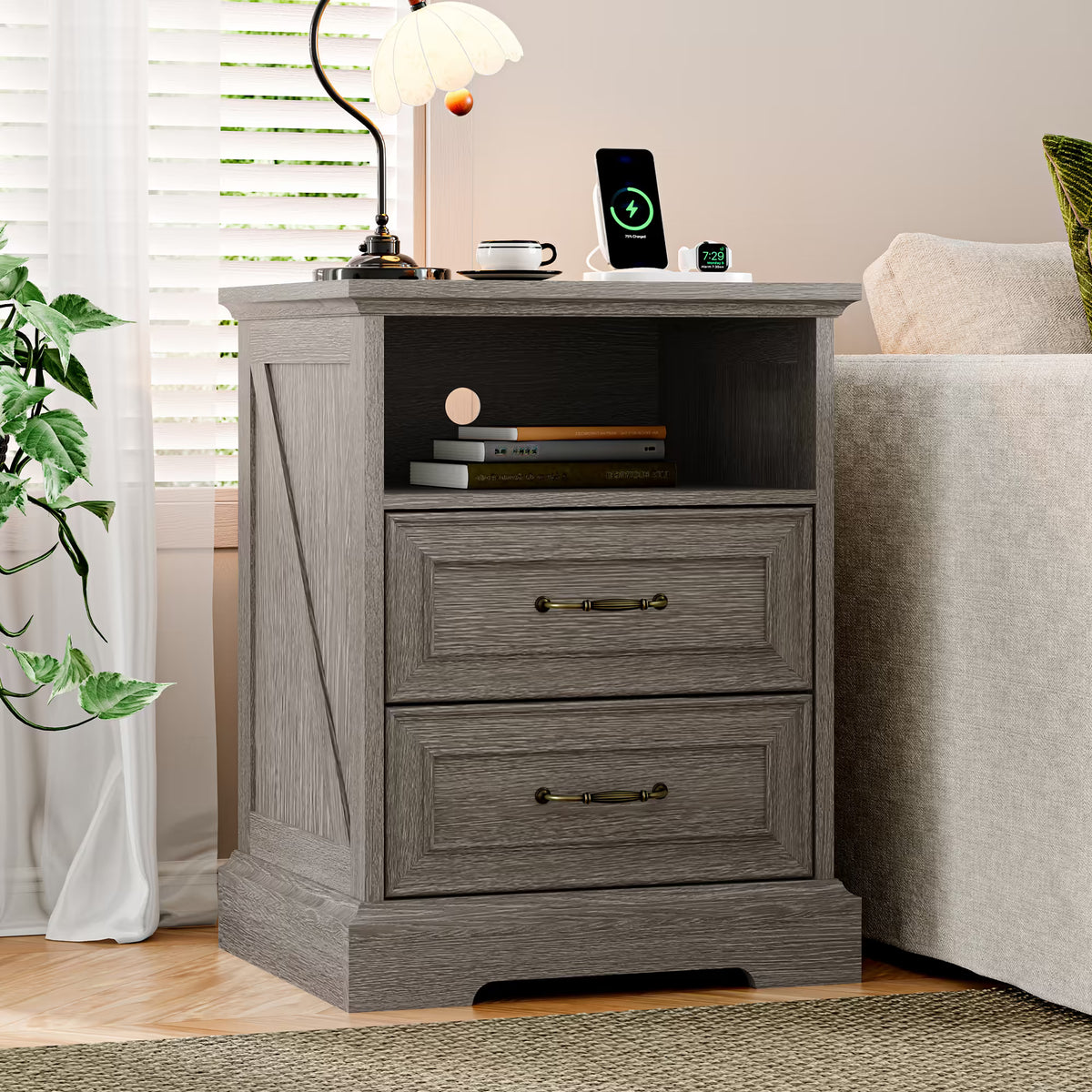 Anymaple Farmhouse Collection Silver Gray 2-Drawer Nightstand with Charging Station, 2-drawer bedside storage with open shelf, bedroom room view