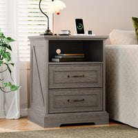 Anymaple Farmhouse Collection Silver Gray 2-Drawer Nightstand with Charging Station, 2-drawer bedside storage with open shelf, bedroom room view