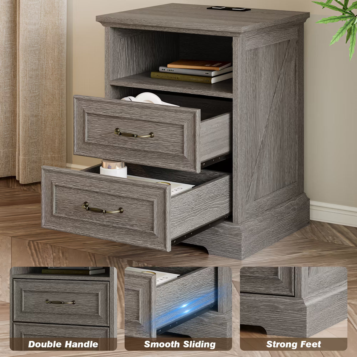 Anymaple Farmhouse Collection Silver Gray 2-Drawer Nightstand with Charging Station, 2-drawer bedside storage with open shelf, drawer slide and construction detail