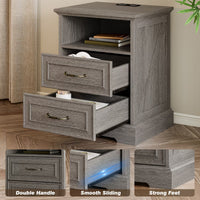 Anymaple Farmhouse Collection Silver Gray 2-Drawer Nightstand with Charging Station, 2-drawer bedside storage with open shelf, drawer slide and construction detail