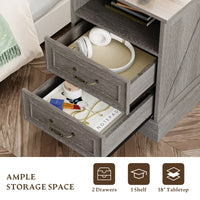 Anymaple Farmhouse Collection Silver Gray 2-Drawer Nightstand with Charging Station, 2-drawer bedside storage with open shelf, drawer storage detail