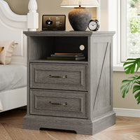 Anymaple Farmhouse Collection Silver Gray 2-Drawer Nightstand with Charging Station, 2-drawer bedside storage with open shelf, front bedside table view