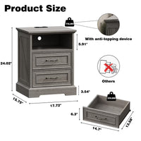 Anymaple Farmhouse Collection Silver Gray 2-Drawer Nightstand with Charging Station product size dimensions, 18"W x 16"D x 24"H