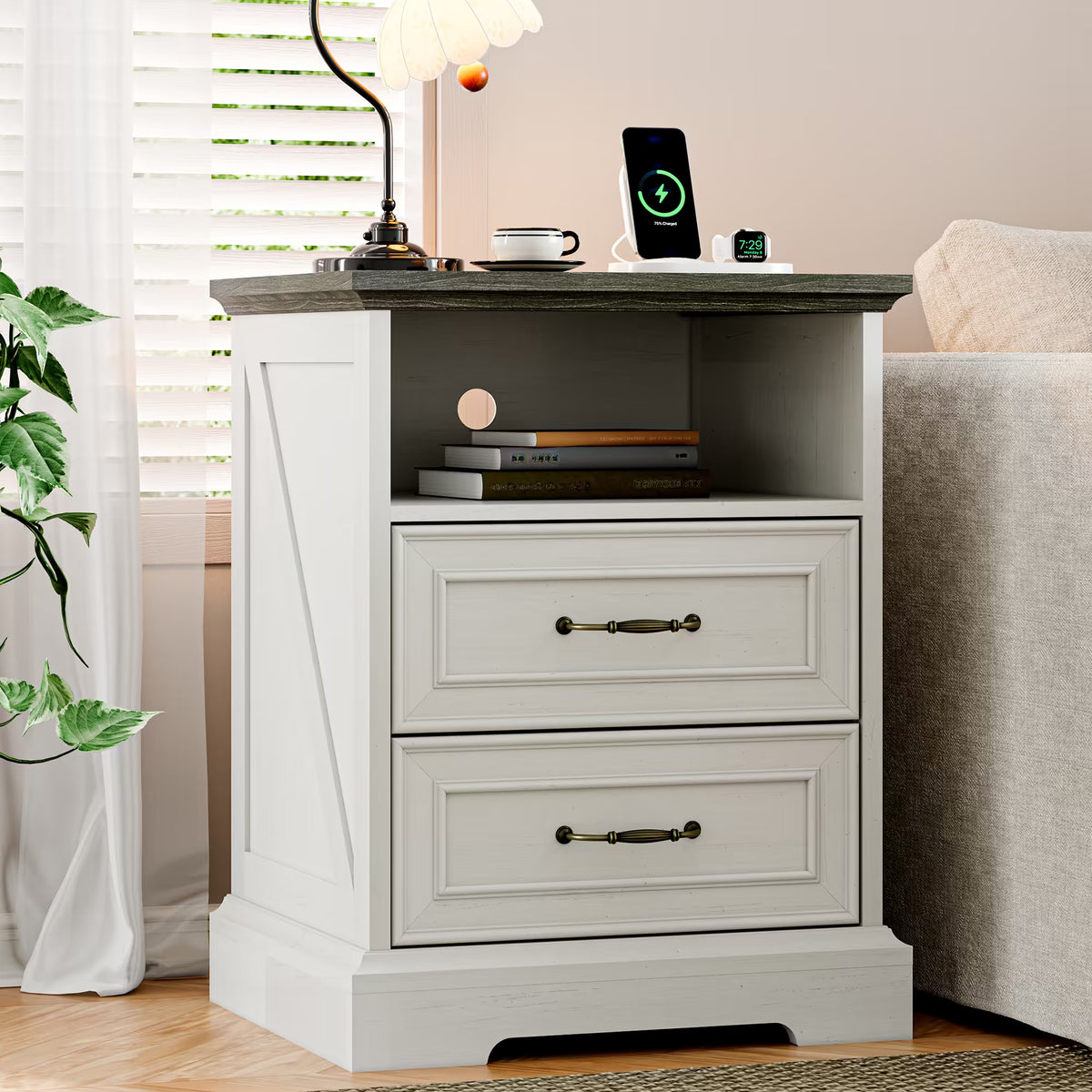 Anymaple Farmhouse Collection White 2-Drawer Nightstand with Charging Station, 2-drawer bedside storage with open shelf, bedroom room view