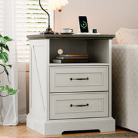 Anymaple Farmhouse Collection White 2-Drawer Nightstand with Charging Station, 2-drawer bedside storage with open shelf, bedroom room view
