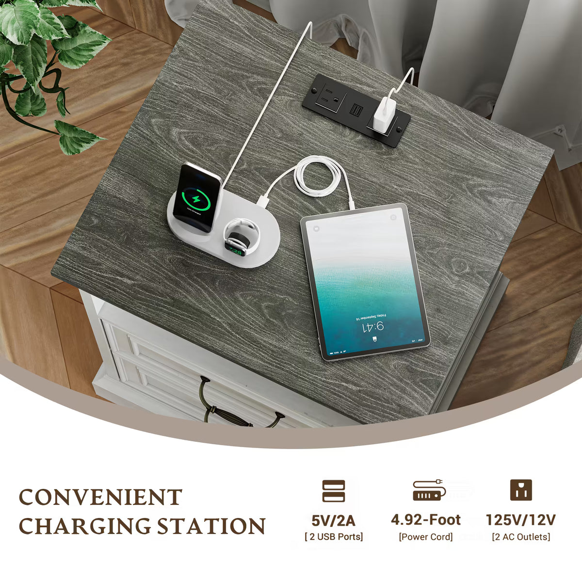 Anymaple Farmhouse Collection White 2-Drawer Nightstand with Charging Station with built-in charging station, AC outlets and USB ports