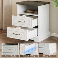 Anymaple Farmhouse Collection White 2-Drawer Nightstand with Charging Station, 2-drawer bedside storage with open shelf, drawer slide and construction detail