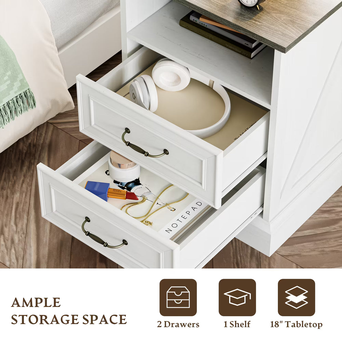 Anymaple Farmhouse Collection White 2-Drawer Nightstand with Charging Station, 2-drawer bedside storage with open shelf, drawer storage detail