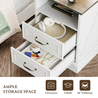 Anymaple Farmhouse Collection White 2-Drawer Nightstand with Charging Station, 2-drawer bedside storage with open shelf, drawer storage detail