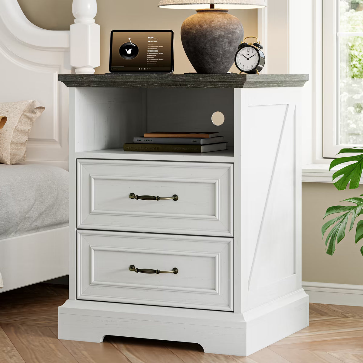Anymaple Farmhouse Collection White 2-Drawer Nightstand with Charging Station, 2-drawer bedside storage with open shelf, front bedside table view