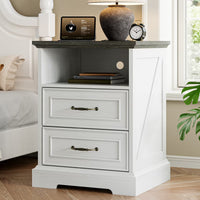 Anymaple Farmhouse Collection White 2-Drawer Nightstand with Charging Station, 2-drawer bedside storage with open shelf, front bedside table view